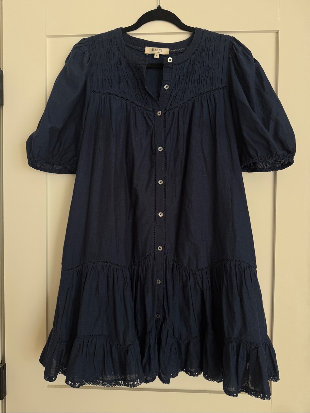 Sea Navy Blue Cotton Tiered Button-Front Mini Dress